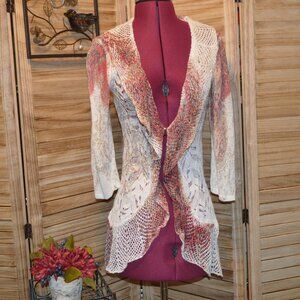 Alberto Makali M Cream/Red High Low L/S Ruffled Cardigan